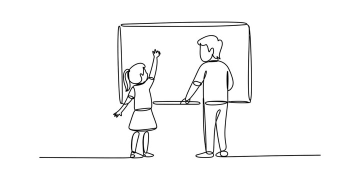 A single continuous line drawing of a teacher and a young female student at a classroom whiteboard Vector, illustration
