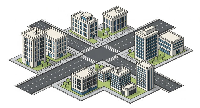 Isometric modern urban block with mixed use buildings.