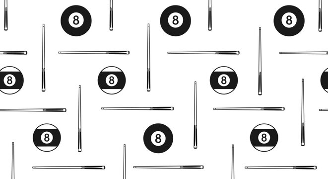Black and White Eight Ball and Cue Stick Pattern.