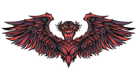 Fototapeta premium Fierce winged demon with glowing red eyes and a laurel wreath, depicted with dark fantasy art style