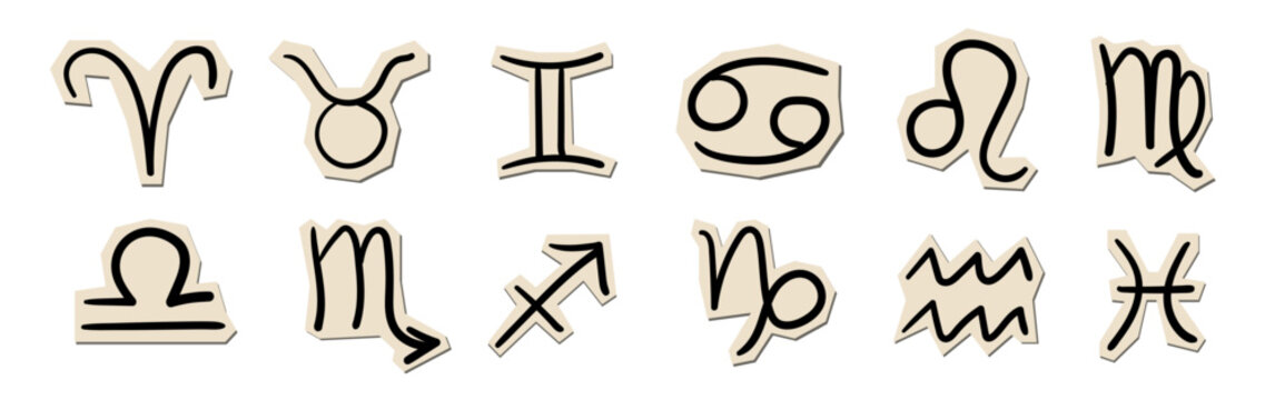 Hand drawn zodiac signs sticker set, black astrology symbols on paper cutouts, horoscope vector icons collection for collages