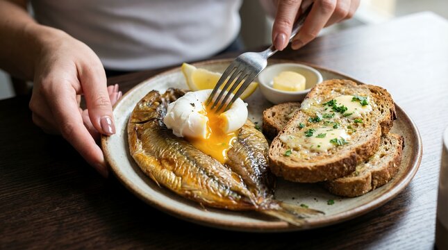 Traditional British Kippers with Poached Egg and Buttered Brown Bread Breakfast