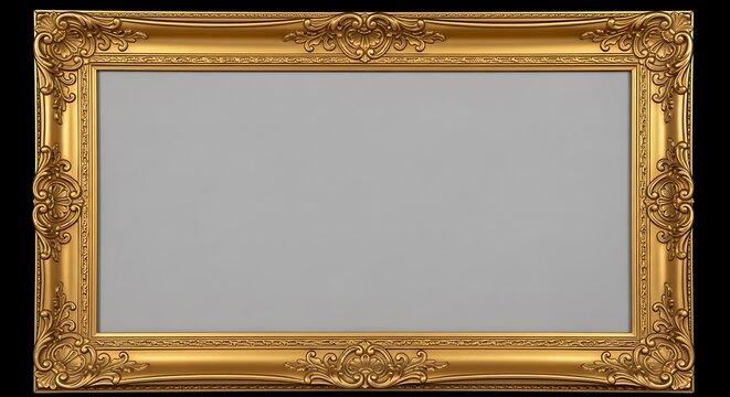 A gold ornate picture frame with a blank gray interior, set against a black background