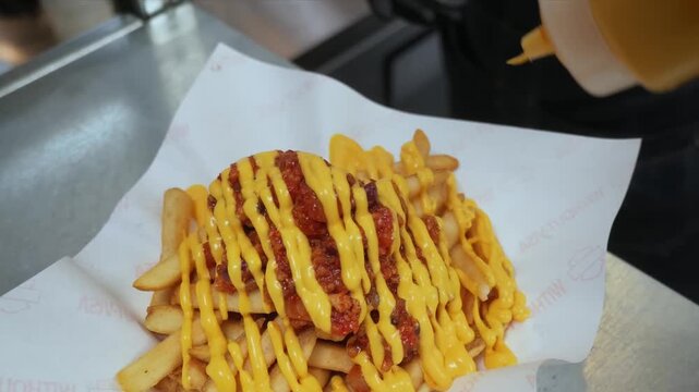 Close-up shot of hot, crispy french fries being generously topped with savory beef chili and drizzled with melted yellow nacho cheese sauce on a white paper liner