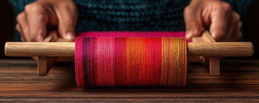 Hands working on a traditional weaving loom, wrapping vibrant red and orange threads on a wooden spool.