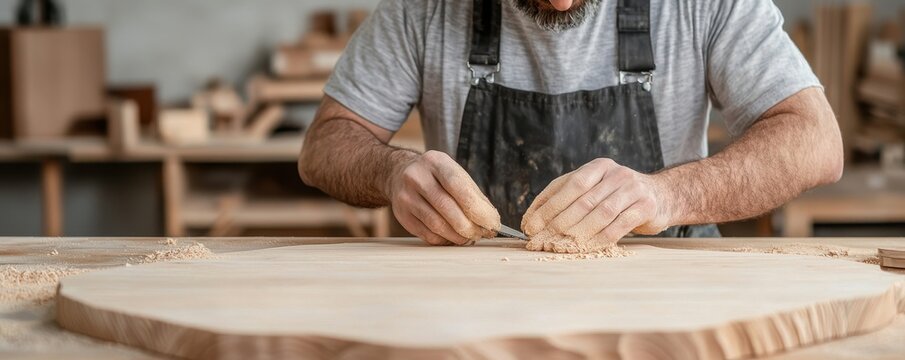 A craftsman sands a large wooden board in a workshop, focusing on smooth finishing details.