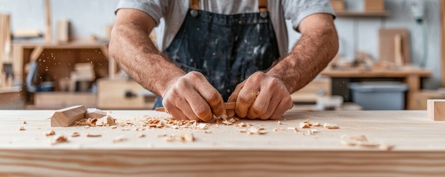 A person wearing an apron is working with wood, shaping or smoothing it by hand in a woodworking workshop.