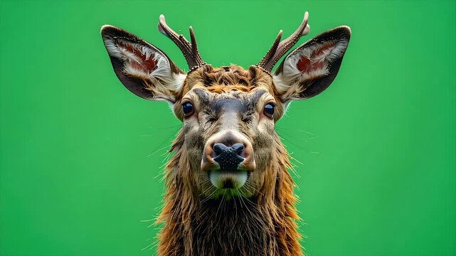 Close-up of a deer's face with large ears and antlers, centered against a green background