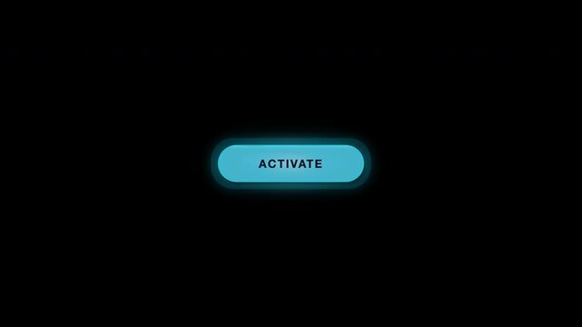 Glowing light blue activate button on a black background suitable for technology websites, app designs, digital interfaces, and software.