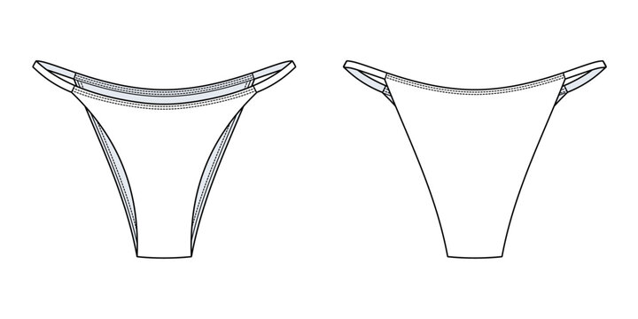 Minimal Thong Underwear Technical Fashion Illustration, basic Bikini Bottom Vector Template, Front and Back View, Lingerie CAD Mockup