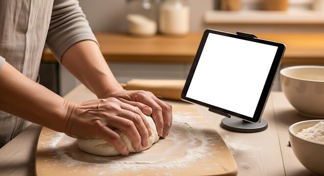 Person kneading fresh homemade dough on a wooden board while using tablet
