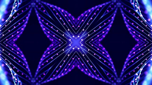 3d render VJ Loop particles Neon kaleidoscope mandala with dots and symmetry, violet and blue node lines form geometric star patterns, rhythmic pulsing motion creates hypnotic visual loop for concerts