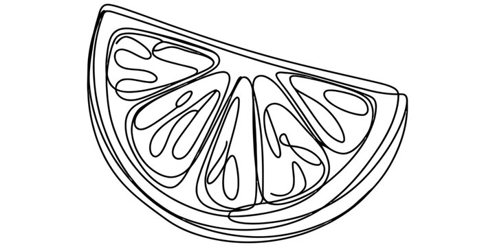 A minimalist single line drawing of a juicy citrus fruit wedge isolated on a plain white background
