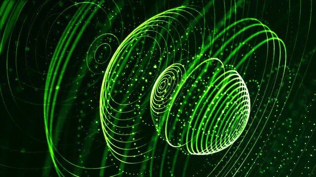3d render vj loop Green particle sphere rotating inside grid, luminous pulsing orbits and dot matrix forming nested shells, slow ambient motion, cinematic depth, ideal for vj sets and meditative tech