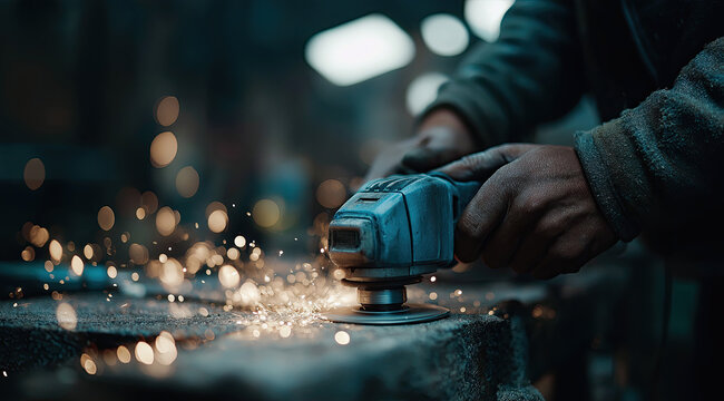 Gloved worker operates powerful angle grinder sending brilliant cascading sparks across dark workshop surface.