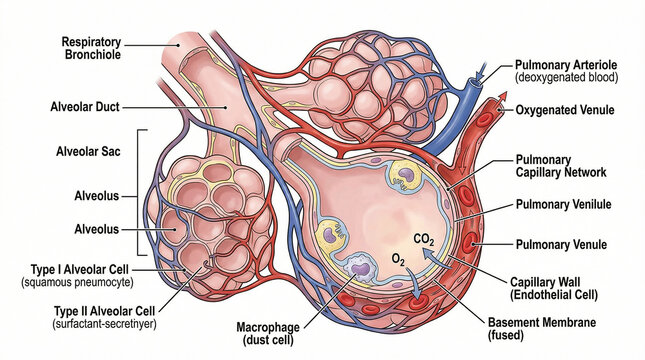 Detailed anatomical structure of the pulmonary alveoli and the intricate capillary interface, illustrating vital gas exchange mechanisms within the respiratory system and essential lung function