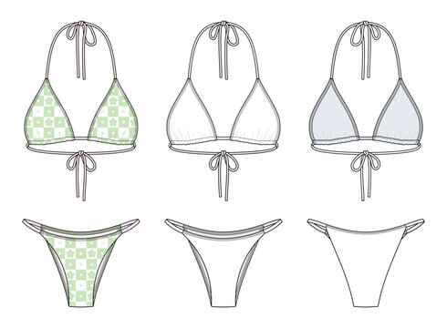 Triangle Bikini Set Technical Fashion Illustration, Thong Bikini Bottom Vector Template, Multiple Color Variations, Women&rsquo;s Swimwear CAD Mockup, Front View