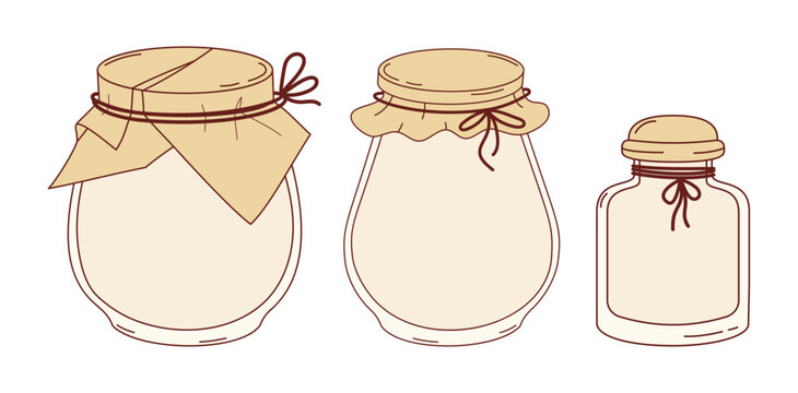 Empty Glass Jars Set with Craft Paper Lids and String for Homemade Jam Packaging Mockup. Isolated Minimalistic Vector Illustration on White background