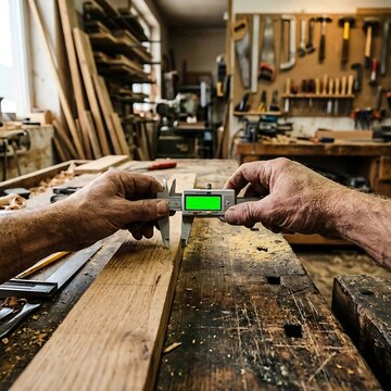 Professional carpenter using digital calipers to measure wooden plank thickness in wood workshop