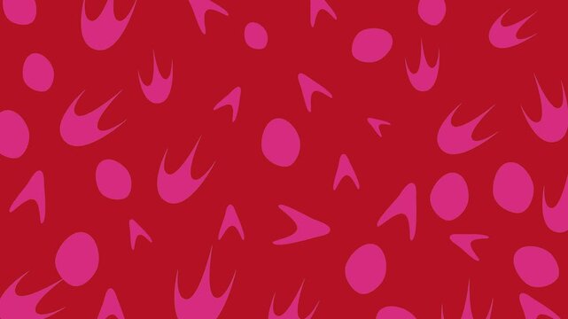 Bold abstract seamless looping pattern animation with pink organic swooshes and oval shapes on vivid red background. Modern retro motion graphic backdrop for branding and social media.