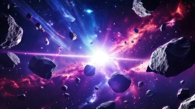 A vibrant, cosmic scene with asteroids floating near a bright celestial core