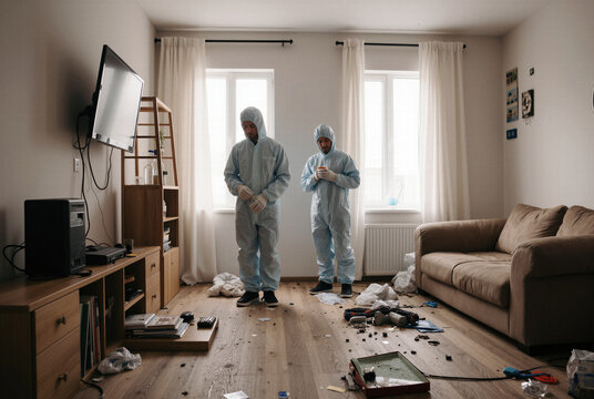 People in white hazmat suits cleaning up a messy living room after a disaster or crime scene for professional biohazard cleanup services and domestic safety concepts.