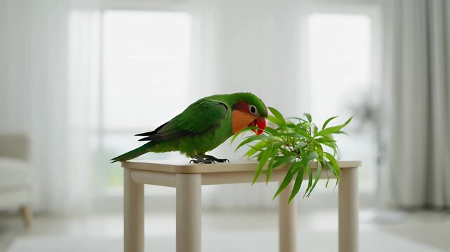 Vibrant green lovebird perched on wooden stool, colorful pet parrot eating green leaves in bright living room, domestic bird in modern home interior