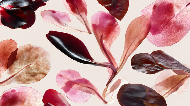 Dried organic Atlantic dulse seaweed leaf arranged on soft beige background in diffused light. Perfect for organic culinary, nutraceutical, marine health and superfood concepts.