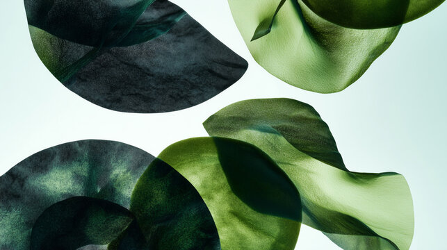 Organic spirulina, chlorella and wakame seaweed slice overlapping on light blue background forming elegant abstract composition. Perfect for premium superfood editorial and health branding concepts.