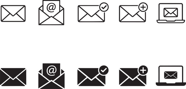Minimalist email icon set, black outline and solid mail symbols, 10 vector communication elements for web interface and app design