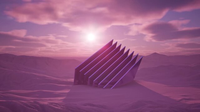 3d render landscape, cubes Purple desert sunset showing stacked cubes leaning on dunes, glowing ribbed faces, soft pink sky, distant mountains, long dramatic shadow, serene alien atmosphere, high