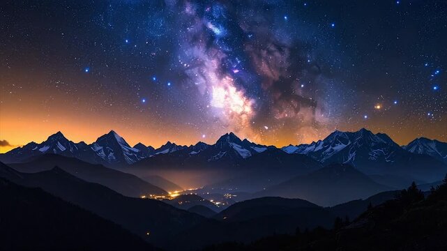 A vibrant cosmic nightscape above silhouetted mountain range, city lights glow below