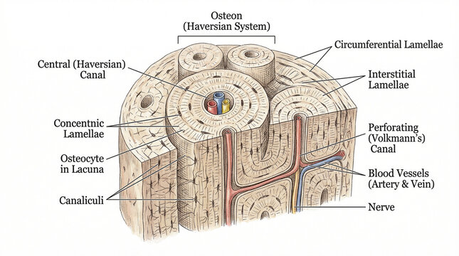 High-resolution anatomical illustration detailing the intricate microscopic bone structure, showcasing the Haversian system, individual osteons, and cellular-vascular components vital for skeletal