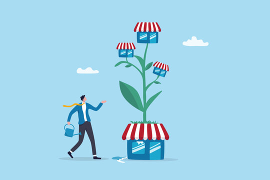 Growing store business expand new shop branch, business development progress, increase sale or opportunity for new income, businessman watering plant growing as new expansion branch stores.