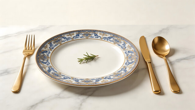 Elegant dinnerware with rosemary garnish
