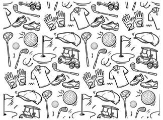 Black and white Hand-Drawn Golf Equipment Seamless Pattern Doodle Illustration © thebaikers