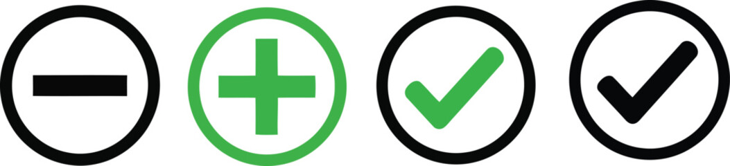 Obraz premium A set of four circular icons representing plus, minus, and check marks in black and green colors. Vector