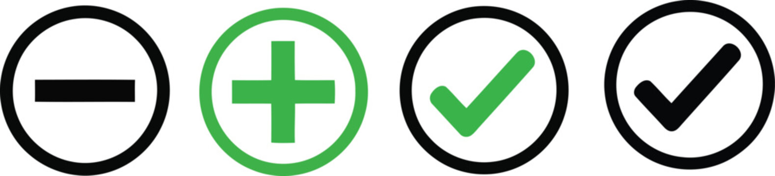 A set of four circular icons representing plus, minus, and check marks in black and green colors. Vector
