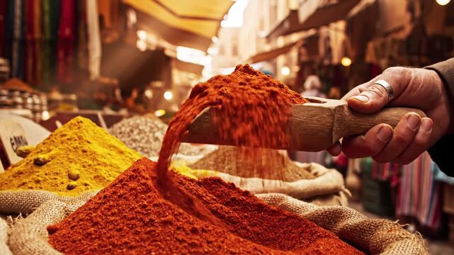 Vibrant spice market display with hand scooping colorful powders from burlap sacks.