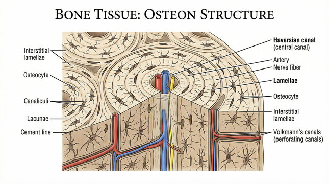 Detailed microscopic anatomy illustration of mature bone tissue structure, showcasing a cross-section of osteons, Haversian canals, lamellae, osteocytes, and associated vascular and nervous components