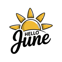 Obraz premium A colorful vector graphic illustration of a smiling sun with the text 'Hello June' in a modern and cheerful design
