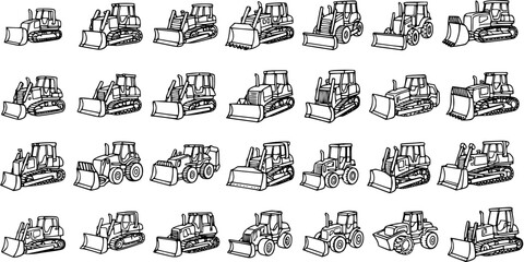 Black and White Line Art Construction Dozers and Bulldozers Vector Icons Set © pixsource