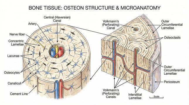 Scientific illustration of compact bone tissue microanatomy, detailing osteon structure, central canals, lamellae, osteocytes, and Volkmann's canals for skeletal biology study
