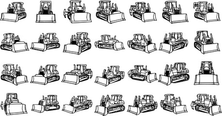 Black and White Line Art Illustration of Bulldozers, Construction Equipment, Vector Set © pixsource