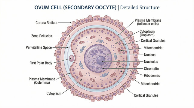 Detailed scientific illustration of a human ovum cell, showcasing the secondary oocyte structure with clearly labeled anatomical components and cellular organelles for biological education and researc