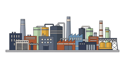 Fototapeta premium Industrial factory complex with multiple buildings and smokestacks.