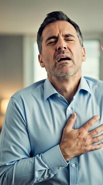 Man experiencing heart pain, suggesting a cardiovascular problem, illustrating symptoms of a heart attack or disease, emphasizing urgent treatment and prevention for heart health.