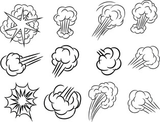 Comic explosion and smoke cloud effect hand drawn doodle line art set vector  © Pritam