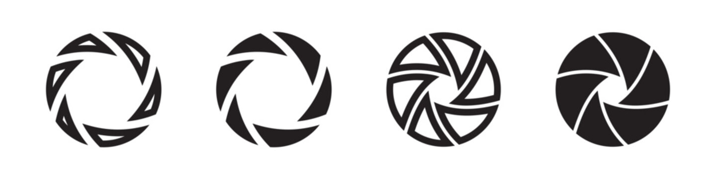 Set of four black and white camera shutter silhouettes, vector illustration elements