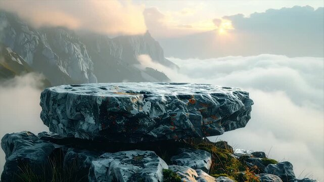 A rocky platform floats above clouds with distant mountains, touched by sunlight
